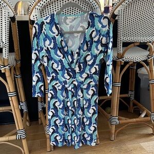 Boden Blue & White Print 3/4 Sleeve Jersey Dress Size 6